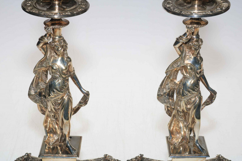 Good quality pair of silver plated figure candlesticks, featuring maiden in flowing gown, 32.5cm.