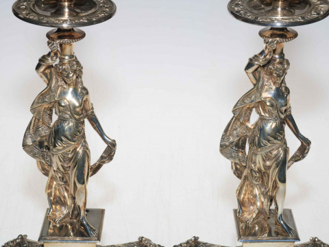 Good quality pair of silver plated figure candlesticks, featuring maiden in flowing gown, 32.5cm. thumbnail