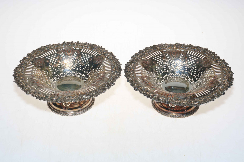 Pair silver on copper tazza with pierced and raised decoration, 24cm diameter.