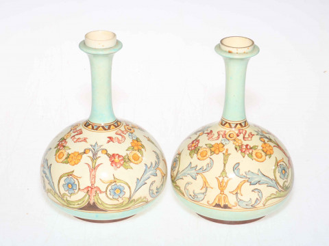 Pair Doulton Faience vases with painted bodies, 16cm.