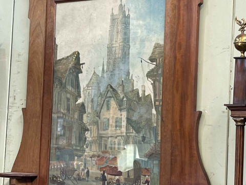 Large watercolour of Belgium street scene in Art Nouveau styled mahogany...