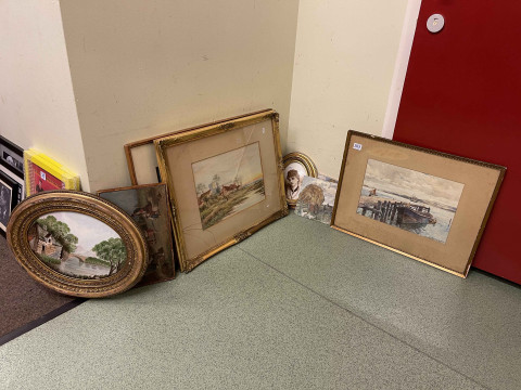 Collection of watercolours, unframed oils, two gilt framed oval porcelain...
