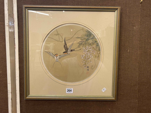 Three Chinese circular woodcut prints of ducks, birds and foliage, largest 50cm square. thumbnail