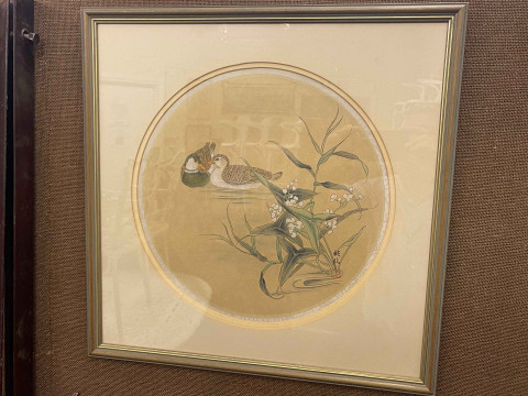 Three Chinese circular woodcut prints of ducks, birds and foliage, largest 50cm square. thumbnail