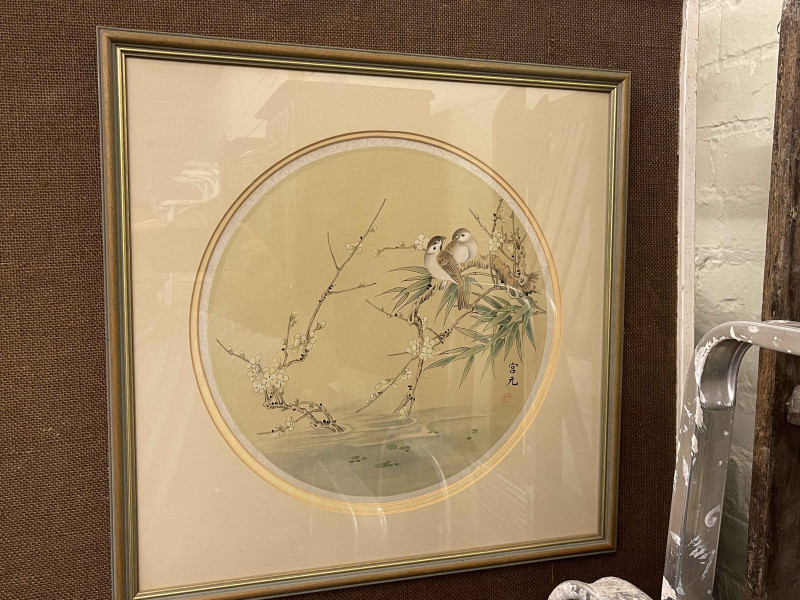 Three Chinese circular woodcut prints of ducks, birds and foliage, largest 50cm square.