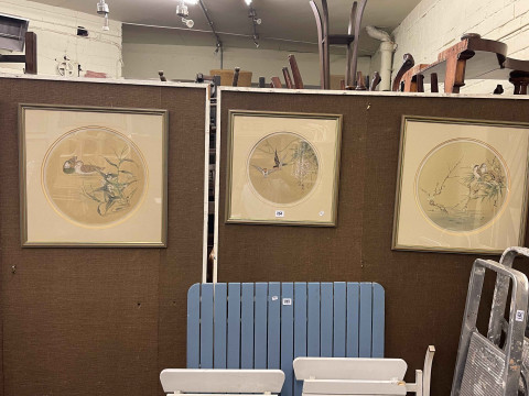 Three Chinese circular woodcut prints of ducks, birds and foliage, largest...