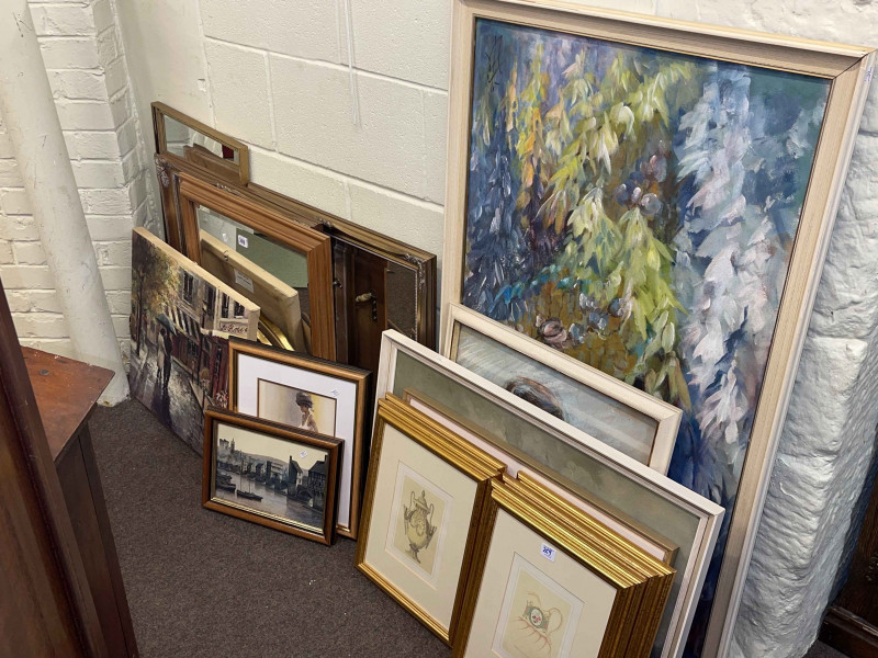 Collection of twelve pictures and five wall mirrors, and serving dishes.