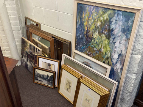 Collection of twelve pictures and five wall mirrors, and serving dishes.