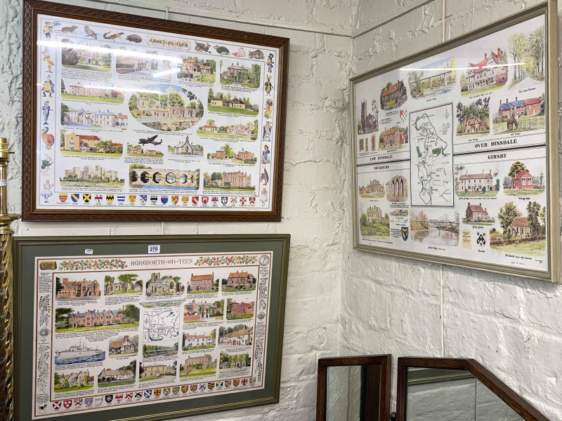 Three framed local interest pictures of Hurworth, Croft and Dinsdale, together with seven more pictures.