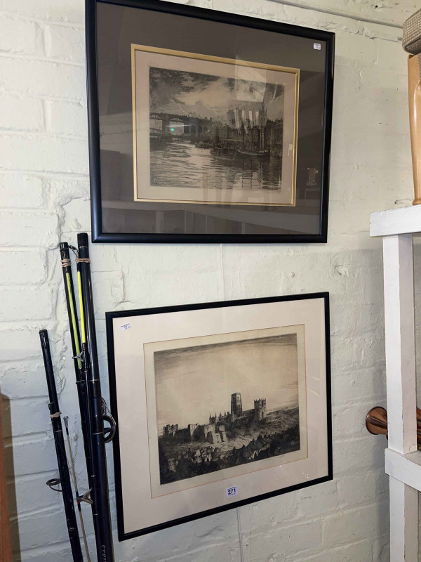 Two framed etchings of Newcastle and Durham.