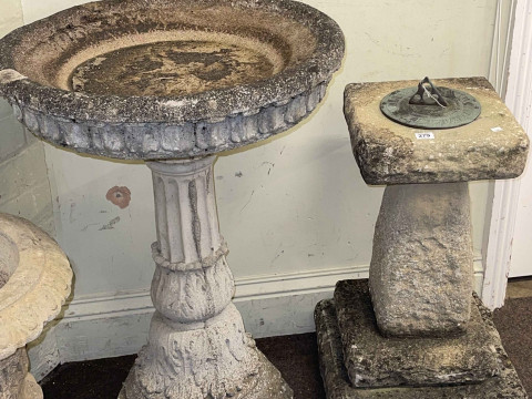 Large garden bird bath and garden sundial.