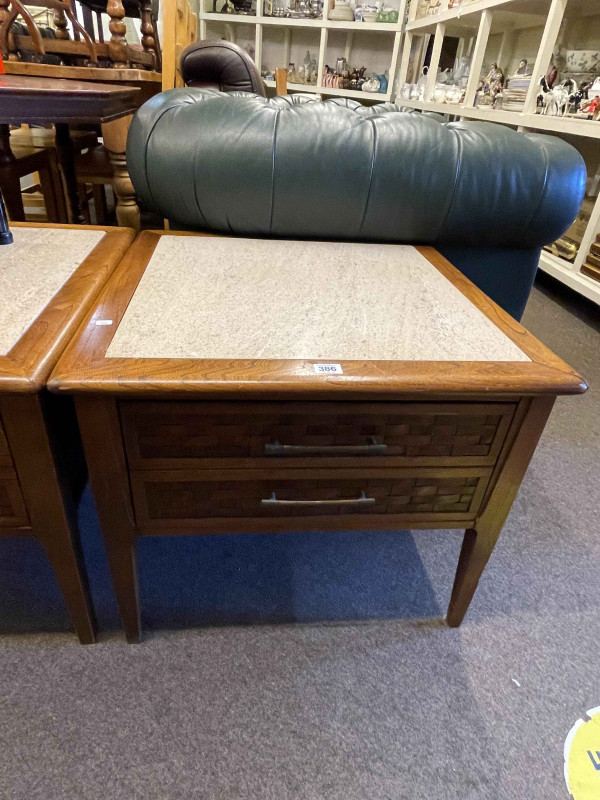 Pair granite inset top single drawer lamp tables, 51cm by 61cm by 61cm.
