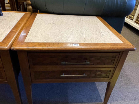 Pair granite inset top single drawer lamp tables, 51cm by 61cm by 61cm. thumbnail