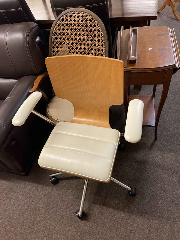 Contemporary leather and beech finish swivel desk chair, cane panelled back occasional armchair and small drop leaf writing table (3).