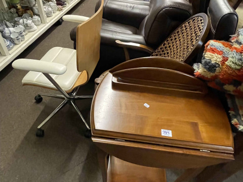 Contemporary leather and beech finish swivel desk chair, cane panelled back occasional armchair and small drop leaf writing table (3). thumbnail
