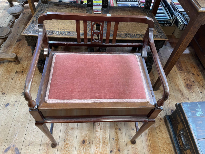 Edwardian mahogany piano stool on pad feet, 73cm by 54cm by 40cm.