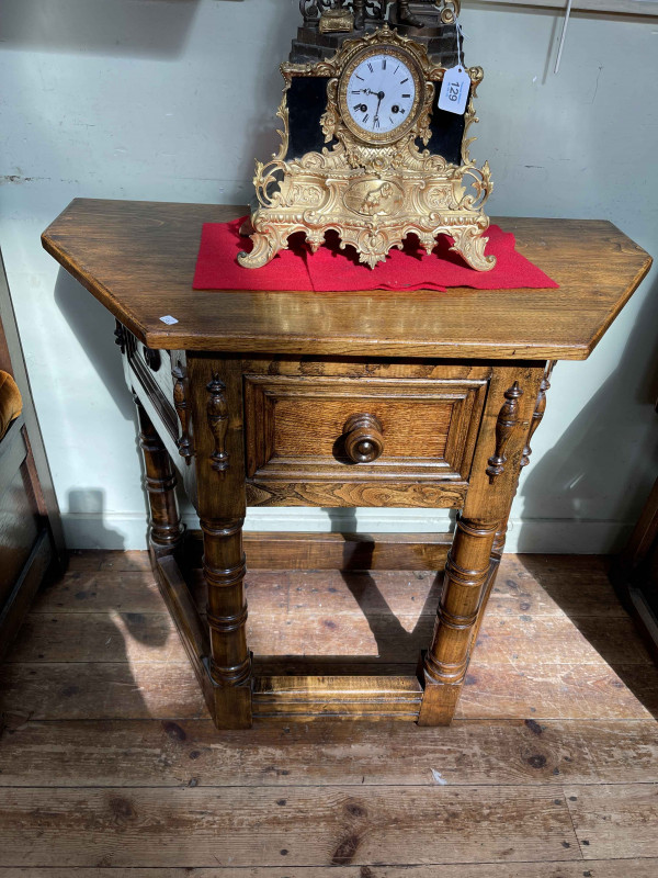 Oak single drawer canted corner hall table, 76cm by 84cm by 44cm.
