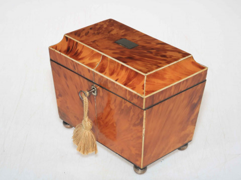 19th Century tortoiseshell twin compartment tea caddy on bun feet. thumbnail
