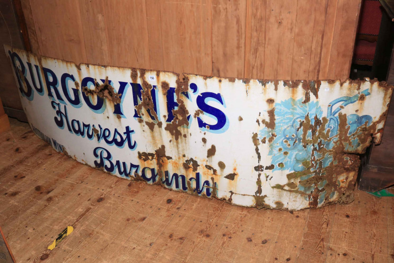 Vintage Burgoynes Wine enamel sign, approximately 230cm by 64cm.