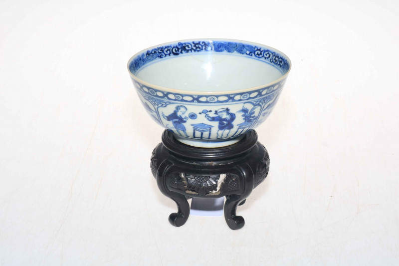 Chinese blue and white bowl with panels of decoration, 14.5cm diameter, with stand.