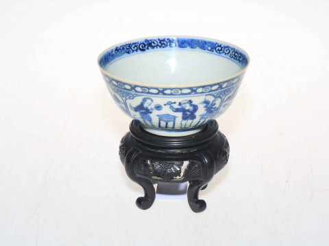 Chinese blue and white bowl with panels of decoration, 14.5cm diameter, with stand. thumbnail