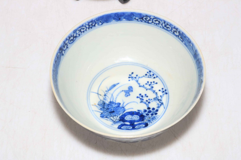 Chinese blue and white bowl with panels of decoration, 14.5cm diameter, with stand.