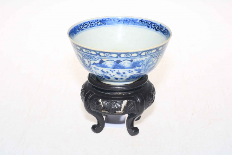 Chinese blue and white bowl with panels of decoration, 14.5cm diameter, with stand.