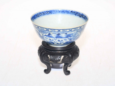 Chinese blue and white bowl with panels of decoration, 14.5cm diameter, with stand. thumbnail