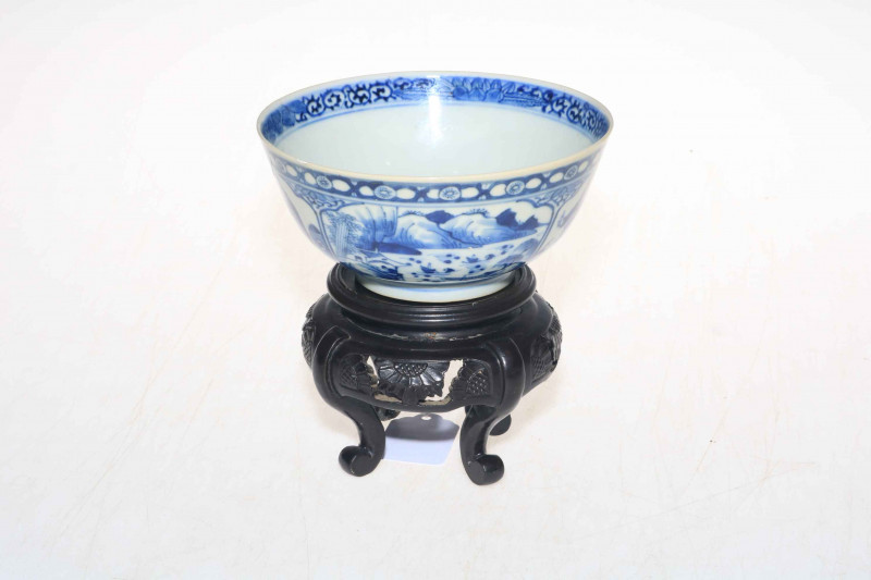 Chinese blue and white bowl with panels of decoration, 14.5cm diameter, with stand.