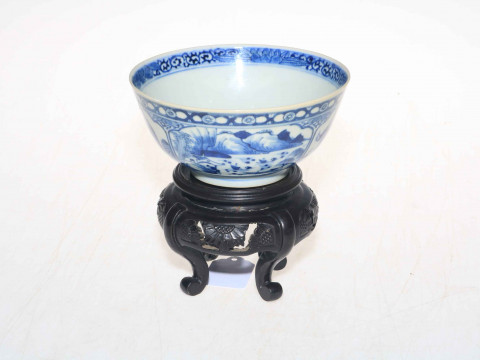 Chinese blue and white bowl with panels of decoration, 14.5cm diameter, with stand. thumbnail