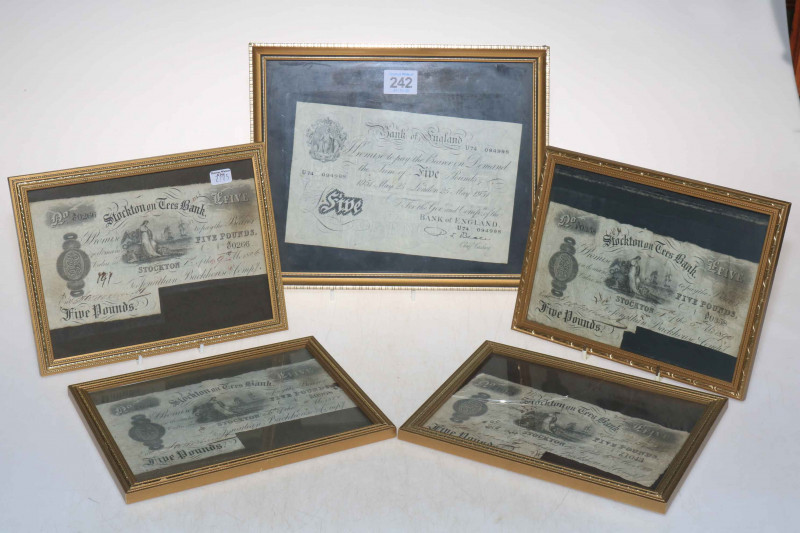 Uncut white five-pound banknote, PS Beale - U74 094998, together with four used c1890s Stockton on Tees five pound banknotes, all framed.