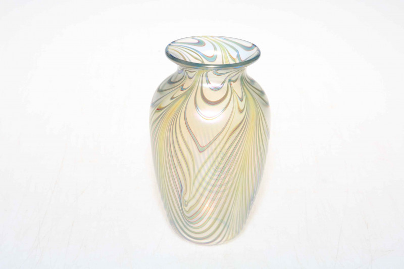 Okra vase signed c1989, 18cm high.