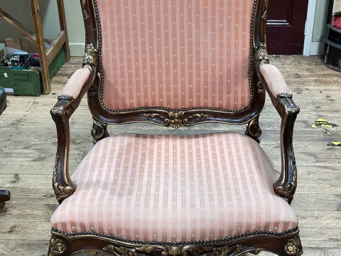 French part gilt painted fauteuil with serpentine front seat. thumbnail