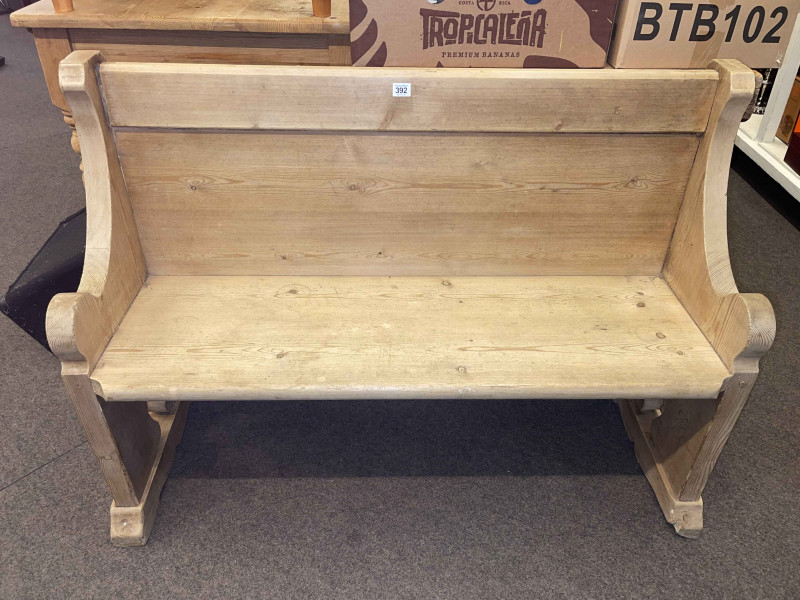 Small pine pew, 83cm by 116cm by 48cm.