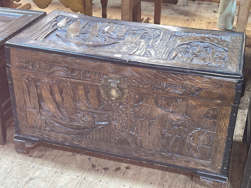 Eastern carved camphorwood trunk, 61cm by 103cm by 51cm.