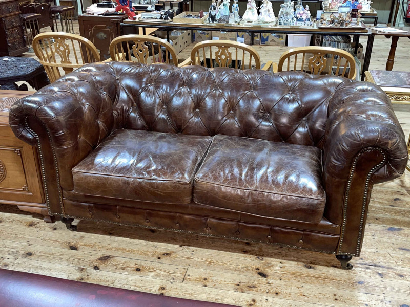 Artsome for Coach House tan buttoned leather two seater Chesterfield settee.