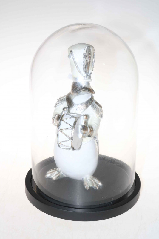 Novelty dressed penguin under glass dome, 40cm high.
