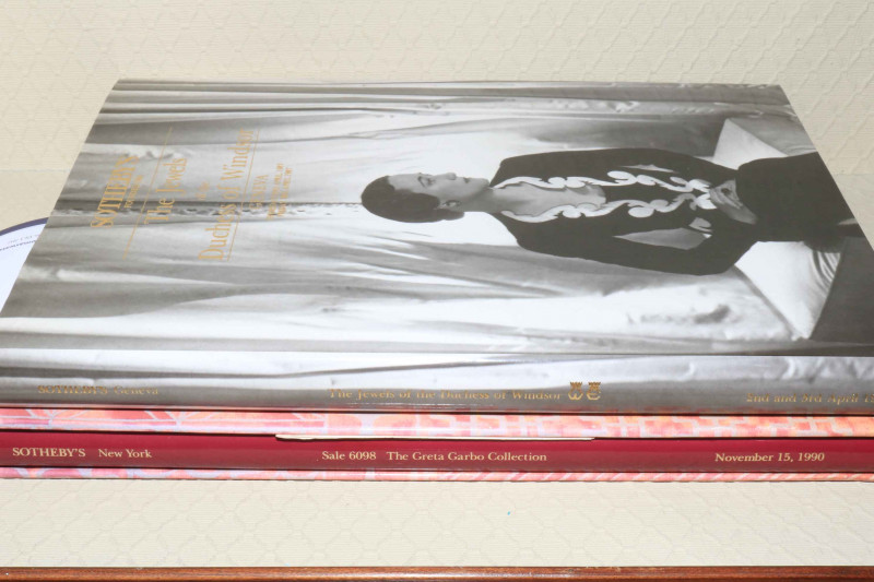 Two Sotheby's auction catalogues, The Jewels of the Duchess of Windsor 1987 and The Greta Garbo collection 1990.