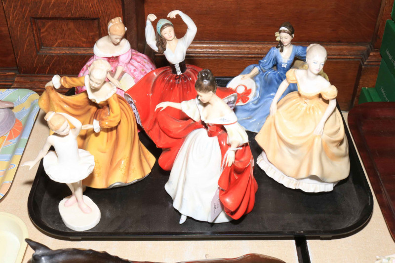 Six Royal Doulton figures, Karen, Sara, Kirsty, Elyse, Victoria and Little Ballerina, and Coalport Emily (7).