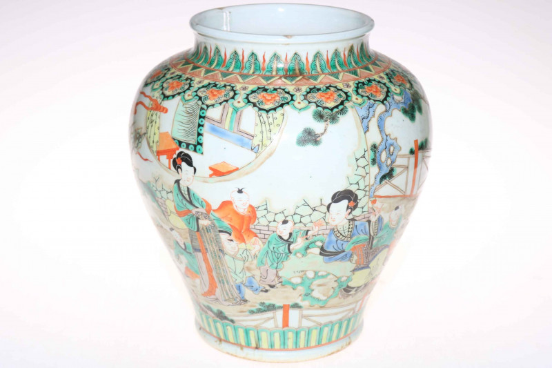 Large Chinese Famile Rose ovoid vase decorated with dancing figures in landscape, 31cm high.