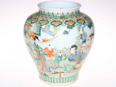 Large Chinese Famile Rose ovoid vase decorated with dancing figures in landscape, 31cm high. thumbnail
