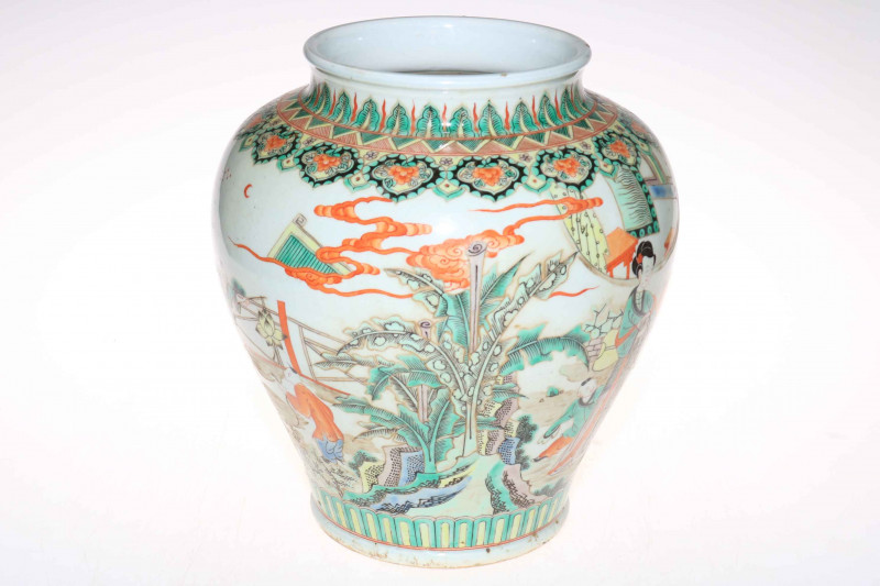 Large Chinese Famile Rose ovoid vase decorated with dancing figures in landscape, 31cm high.
