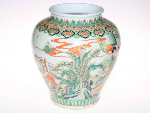 Large Chinese Famile Rose ovoid vase decorated with dancing figures in landscape, 31cm high. thumbnail