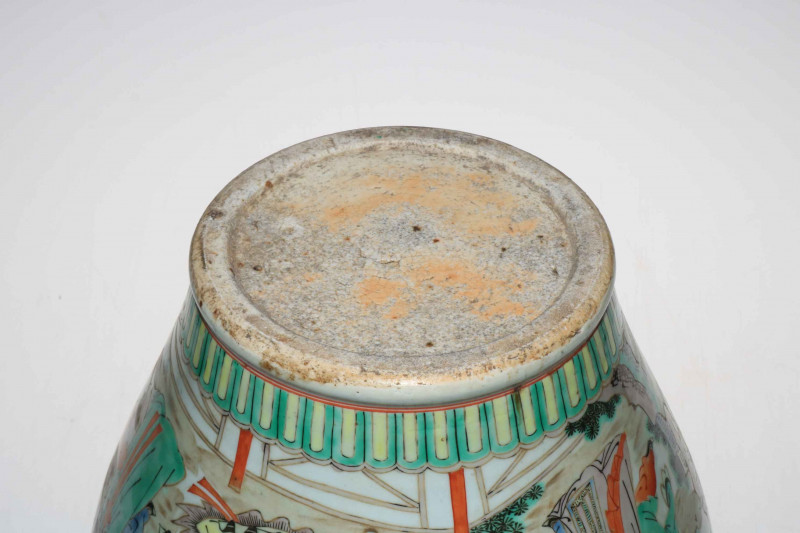 Large Chinese Famile Rose ovoid vase decorated with dancing figures in landscape, 31cm high.