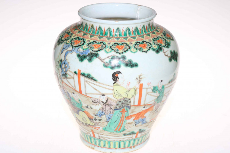 Large Chinese Famile Rose ovoid vase decorated with dancing figures in landscape, 31cm high.