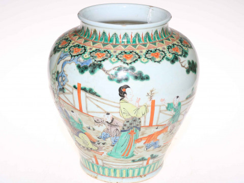 Large Chinese Famile Rose ovoid vase decorated with dancing figures in landscape, 31cm high. thumbnail