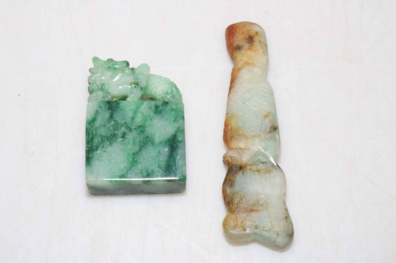 Chinese green jadeite dragon and jade dragon pendant.