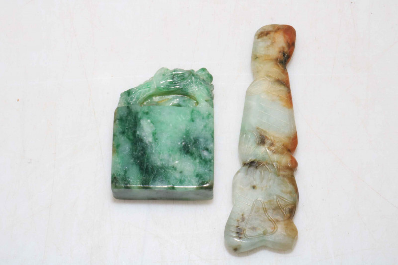 Chinese green jadeite dragon and jade dragon pendant.
