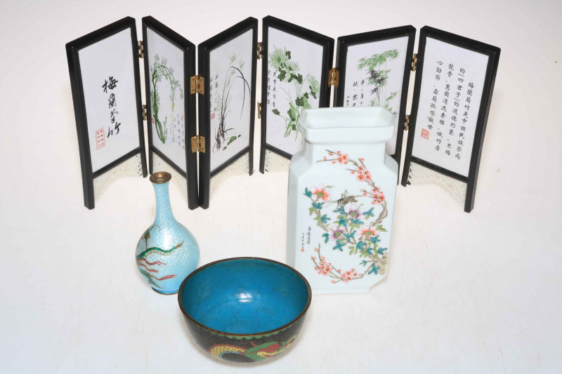 Small Chinese five fold table screen decorated with fauna and verse, pottery vase, Cloisonné vase and bowl (4).