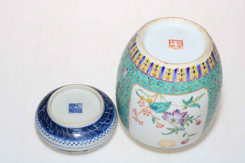 Chinese pottery vase decorated with floral design and Chinese lidded ink box with dragon decoration.